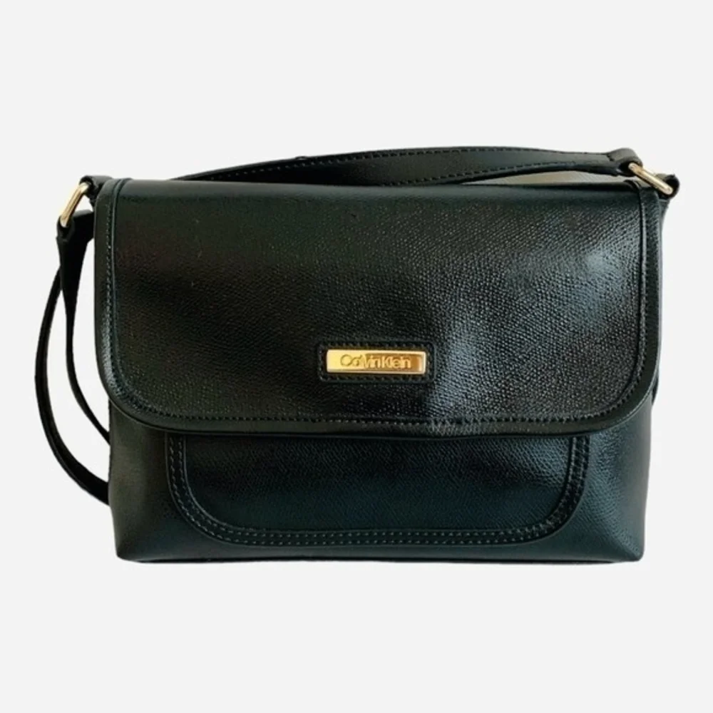 Calvin Klein Black PU Leather Crossbody Bag Gold Accents Good Plus Condition